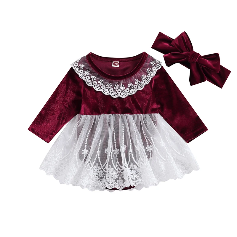 

Infant Girl Velvet Rompers Dress Christmas Clothes Lace Patchwork Skirt Hem Jumpsuits Newborn Bodysuits Jumpsuit with Headband