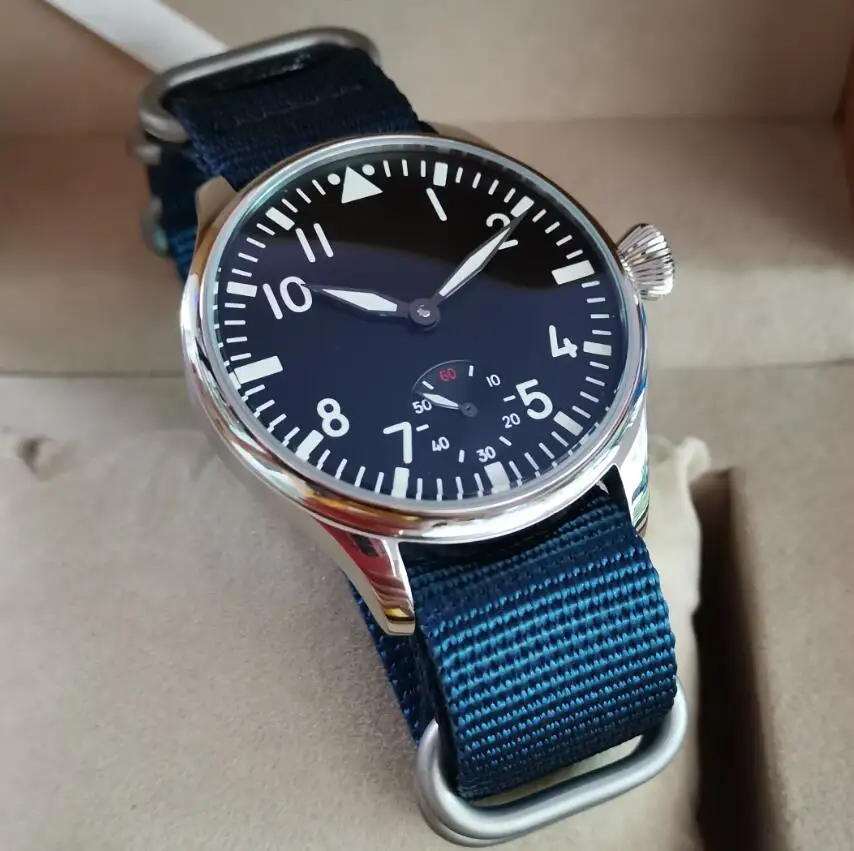 No logo Pilot manual mechanical men's Watch 44mm Black dial white number Blue nylon strap Mineral glass or sapphire