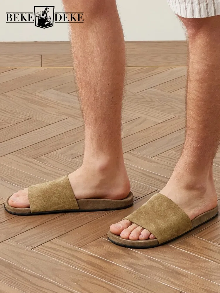 

Breathable Summer Footwear Mens Genuine Leather Slippers Outside Open Toe Casual Fat Shoes Solid Suede Cowskin Vintage Slides