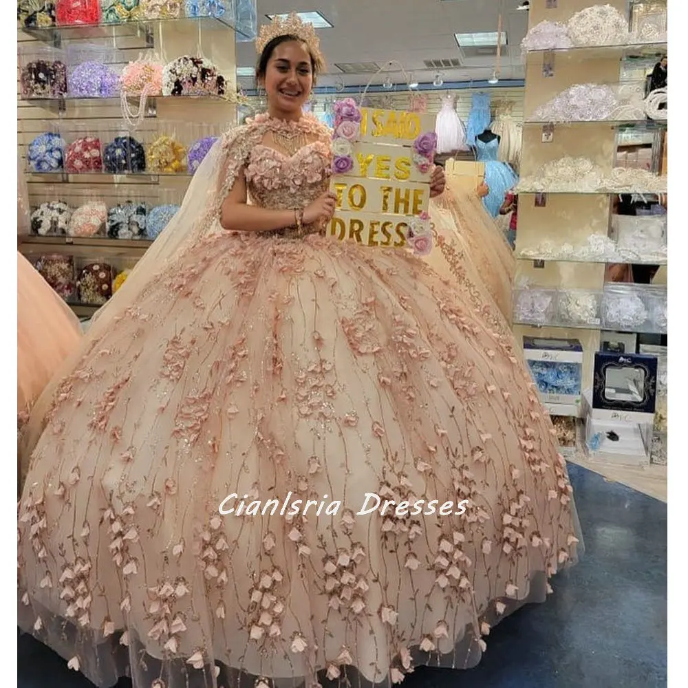 

Платье Quinceanera с корсетом и кисточками цвета шампанского в форме сердца и накидкой, бальное платье с 3D цветами Crystal Sweet 16, Vestidos De XV Años