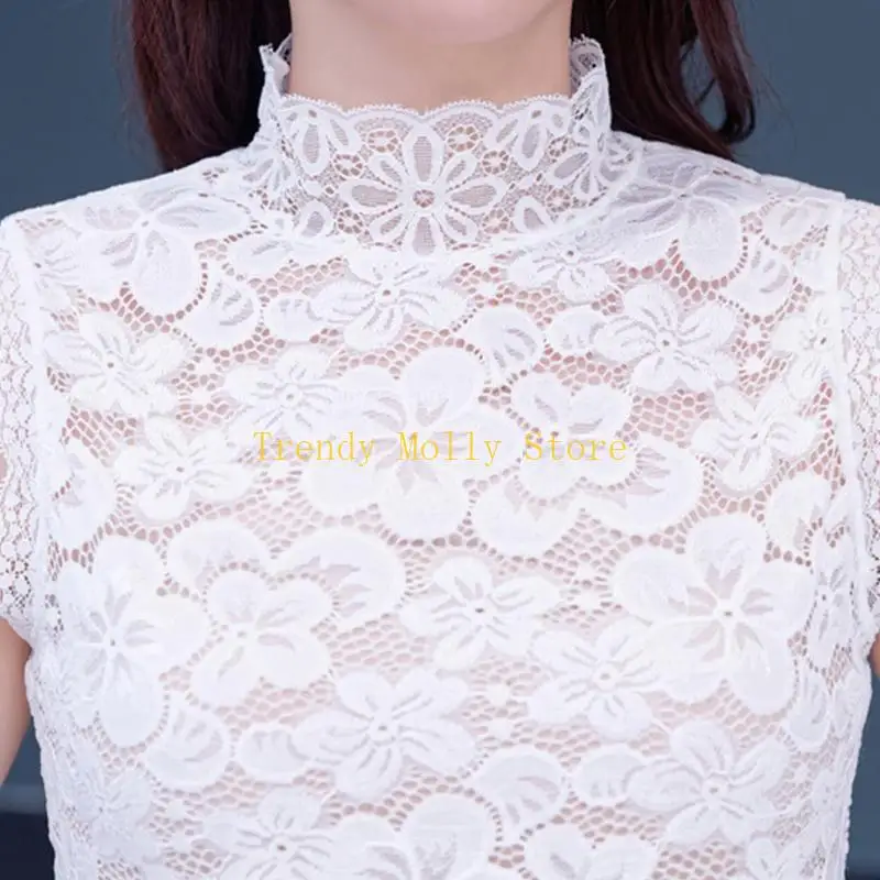

N5KB Women Cherry Blossom Floral Lace Sleeveless Detachable Collar Solid Color Turtleneck Half Shirt Blouse Scalloped Trim