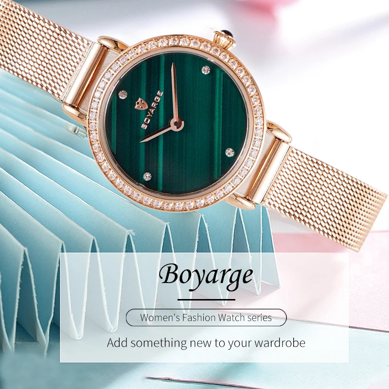BOYARGE-relojes de cuero verde malaquita para mujer, reloj de pulsera de cuarzo resistente al agua de lujo, sencillo