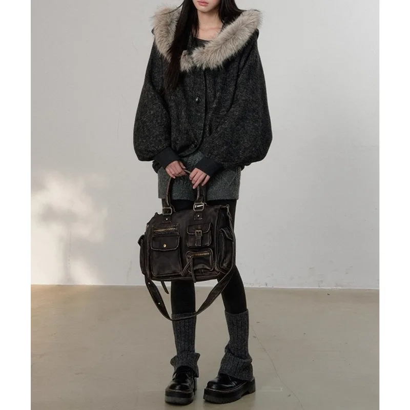 

Temperament Dark Gray Fur Collar Woolen Little Witch Cloak Jacket 2025 Winter New Simple Versatile Top