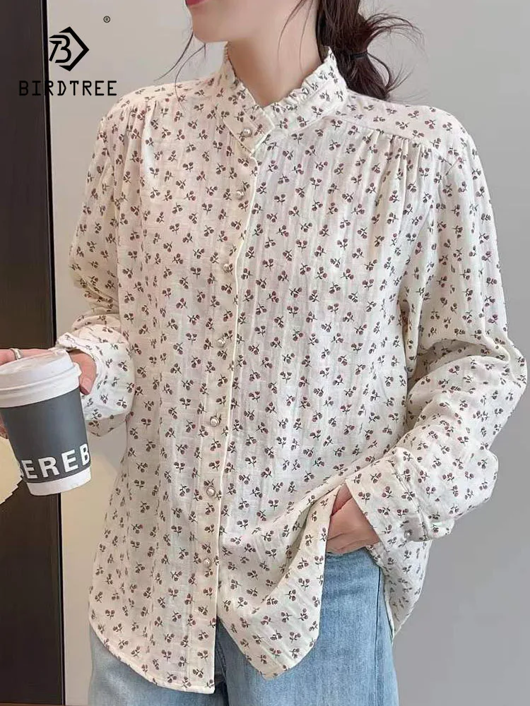 

New 2025 Winter Cotton Yarn Long Sleeve Shirt, Women Ruffled Floral Print, Mori Girl French Sweet Chic Loose Blouse T5N919CC