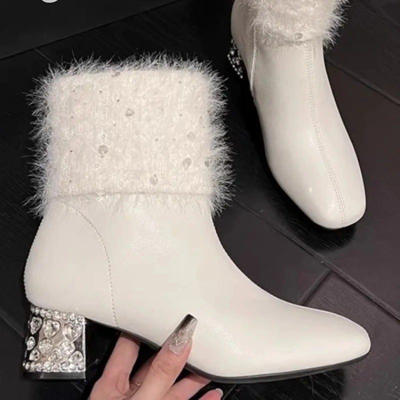 

Crystal Ankle Boots for Women Winter Warm Short Plush Snow Boots Elegant Chunky Heel High Heels Casual Women's Shoes Botas Mujer