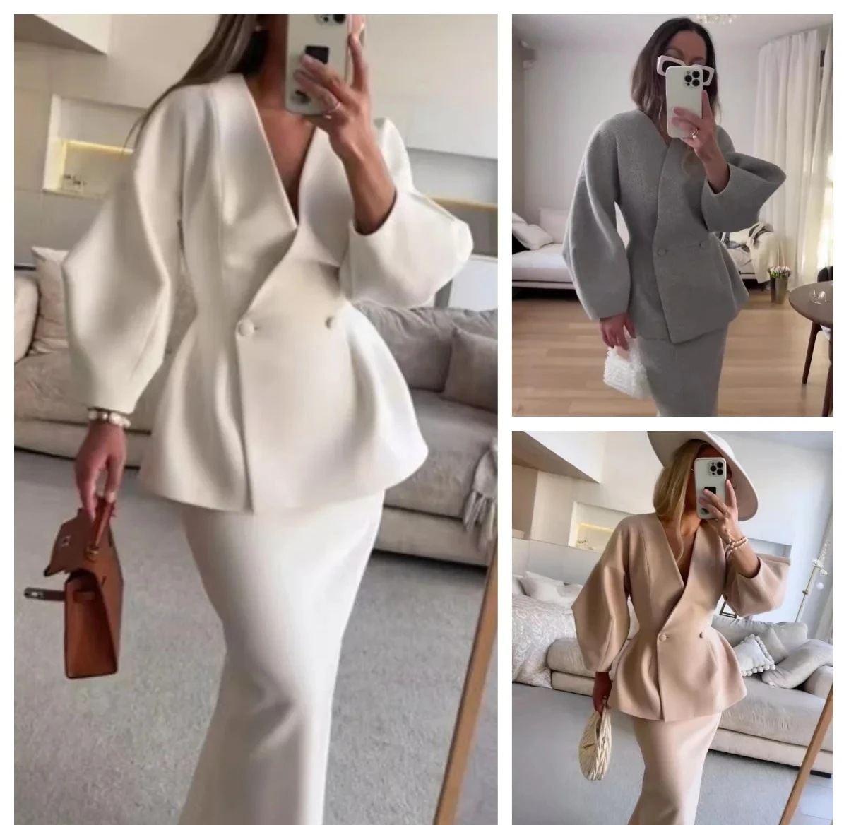 

Elegant Blazer Coat Skirt Set Women Slim V-neck Long Lantern Sleeve Jacket Top Skirts Suits 2 Pieces Office Chic Outfits