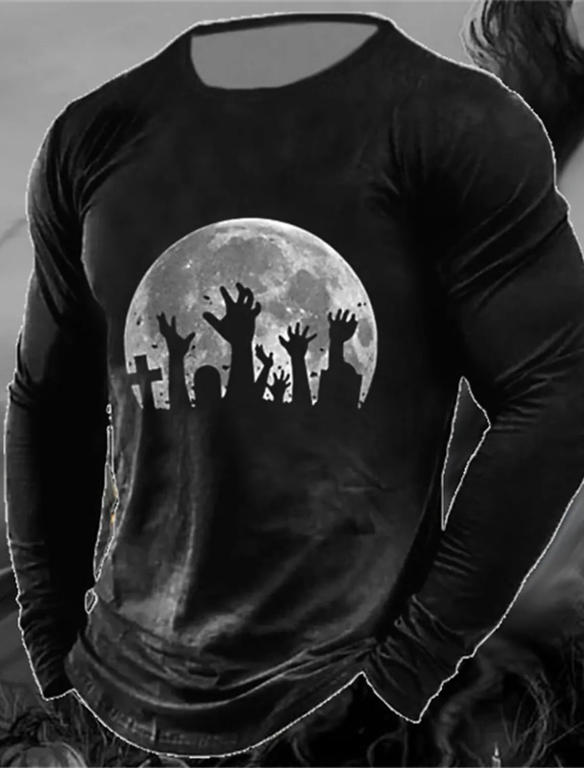 Horror Graveyard 3D Men's Retro Classic Long Sleeve Oversized Top Casual Sports Long Sleeve Outdoor T-Shirt Long Sleeve