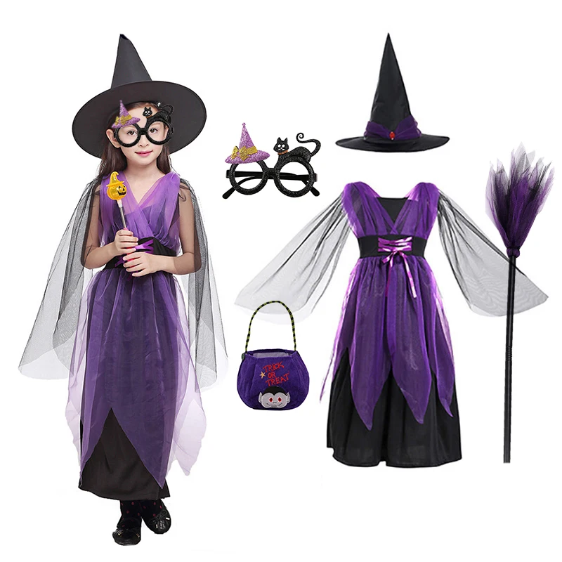 Halloween Cosplay Purple Witch Costume Baby Girl Children Carnival Party Fancy Dress Girls Purim Kids Costume with Hat Broom