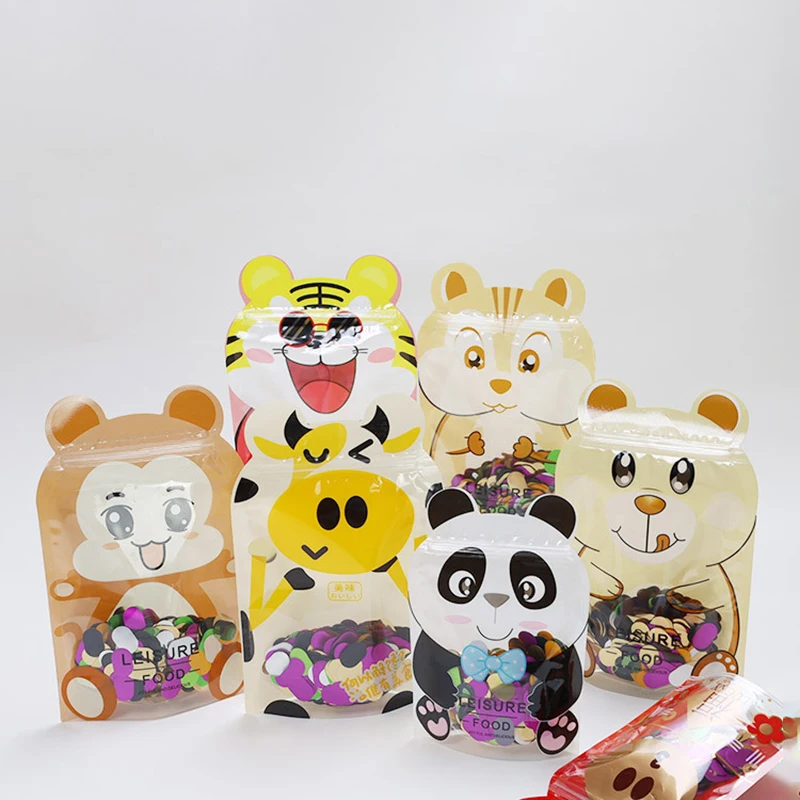 TETP 100pcs Colorful Various Cartoon Animal Patterns, Moisture-proof and Reusable Self-standing Irregular-shaped Bag for Snacks