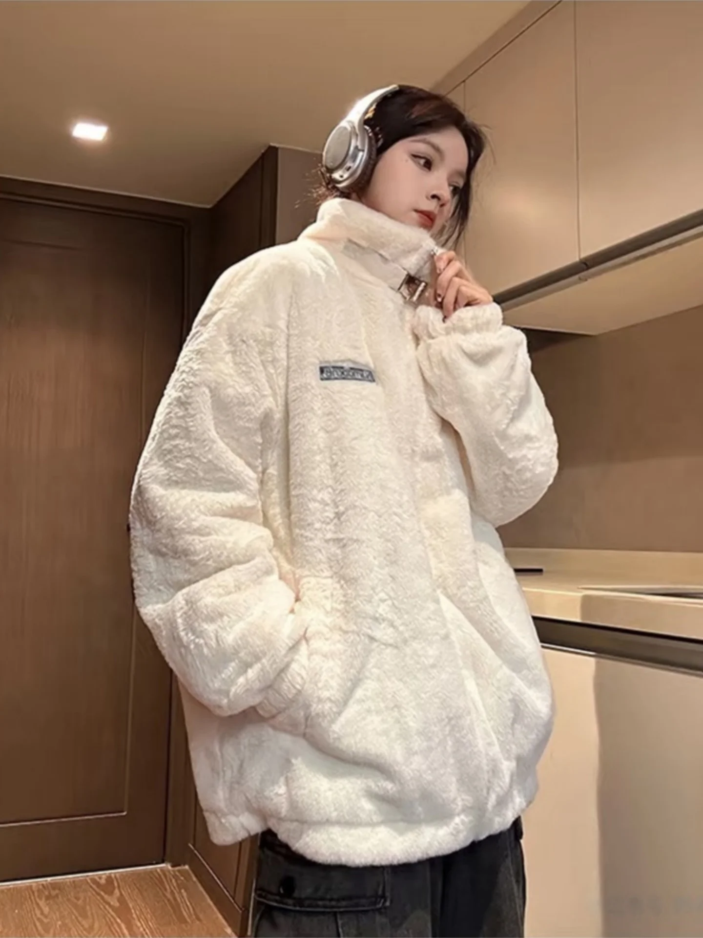 

Lamb Fur Cotton Jaet Men's Winter Loose Warm Casual Cotton Coat Trendy Rabbit Fur Simulation ular Couple Cotton Padded Coat