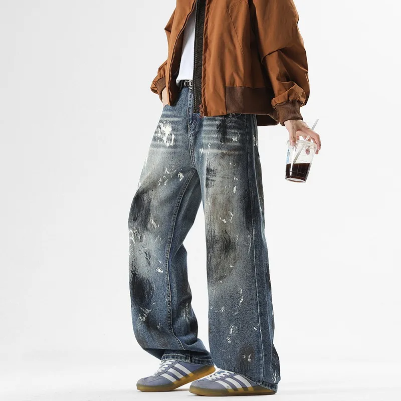 American Style Men Denim Pants Splash-ink Graffiti Contrast Color Casual New Autumn Wide Leg Loose Male Jeans Trendy