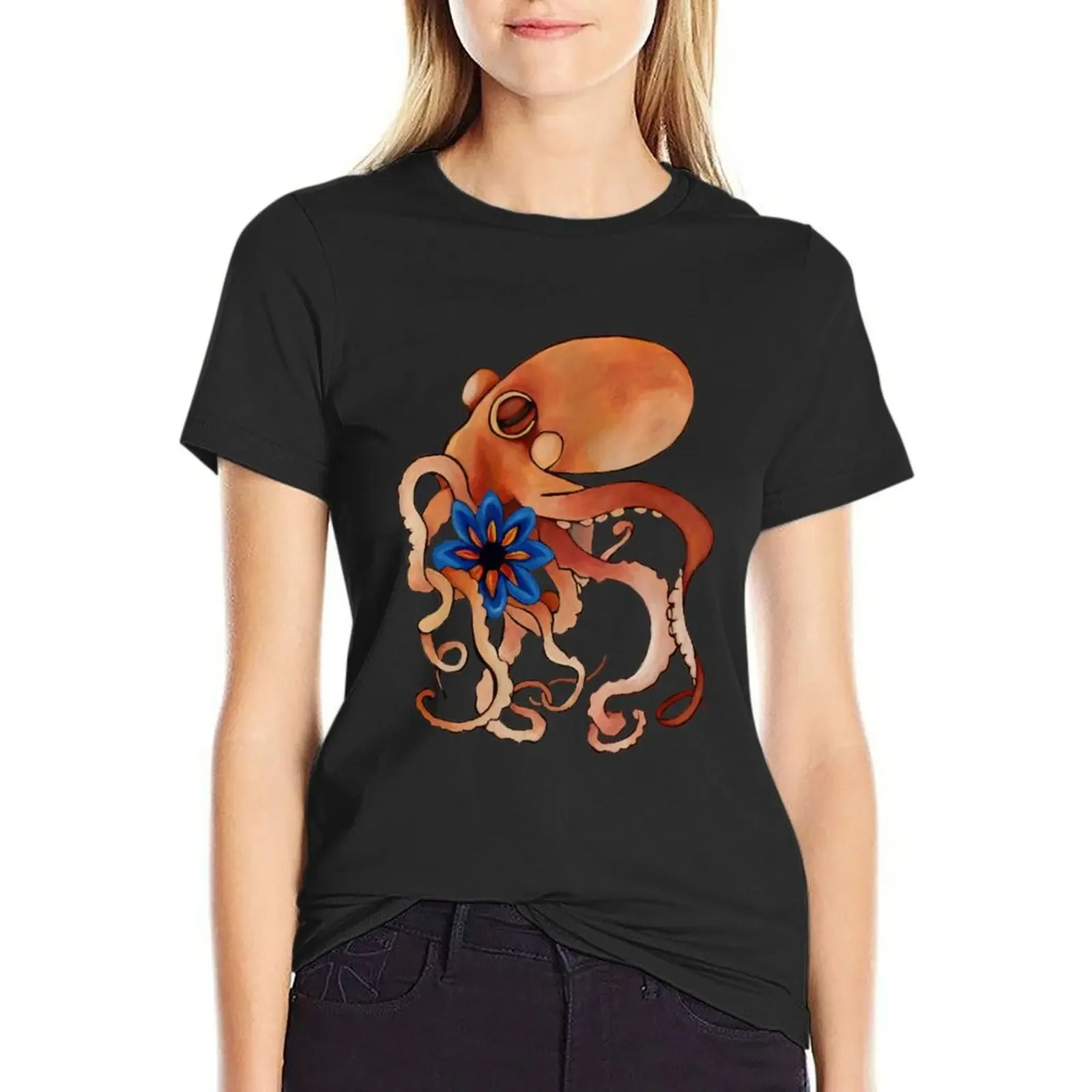 Octopus with blue dahlia T-Shirt animal print shirt for girls graphics Women's cotton t-shirt