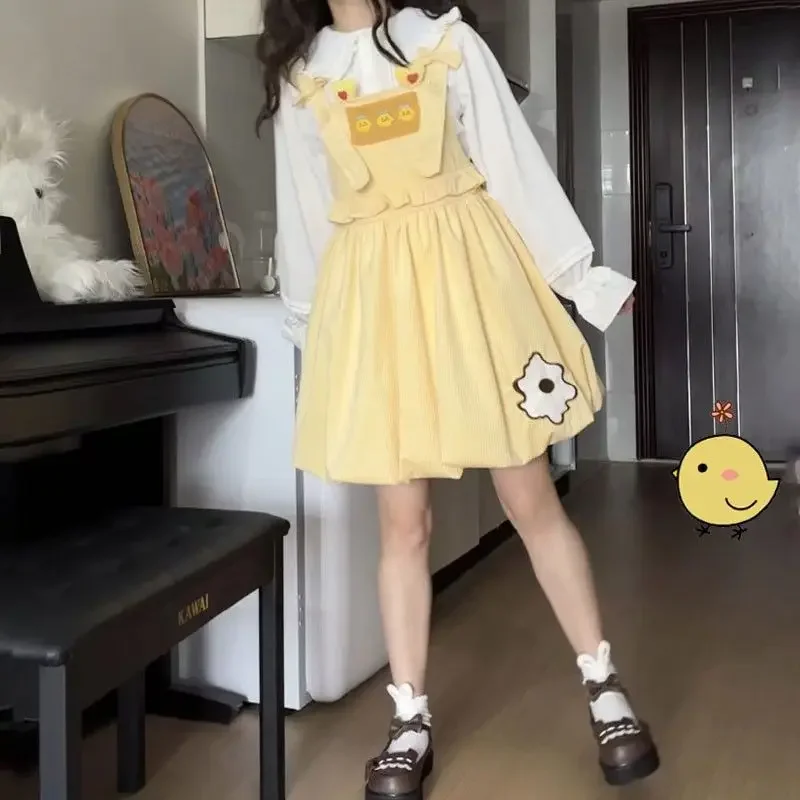 

Japanese Style Girl Design College Style Spring and Autumn New Shoulder Strap Skirt, Flower Bud Corduroy Bow A-line Skirt