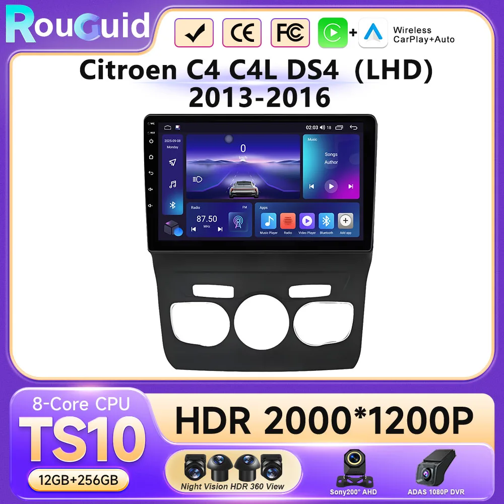 Android 16 Car Radio For Citroen C4 C4L DS4 2013-2016 LHD Carplay Multimedia Video Player No 2din Stereo Navigation GPS QLED DVD