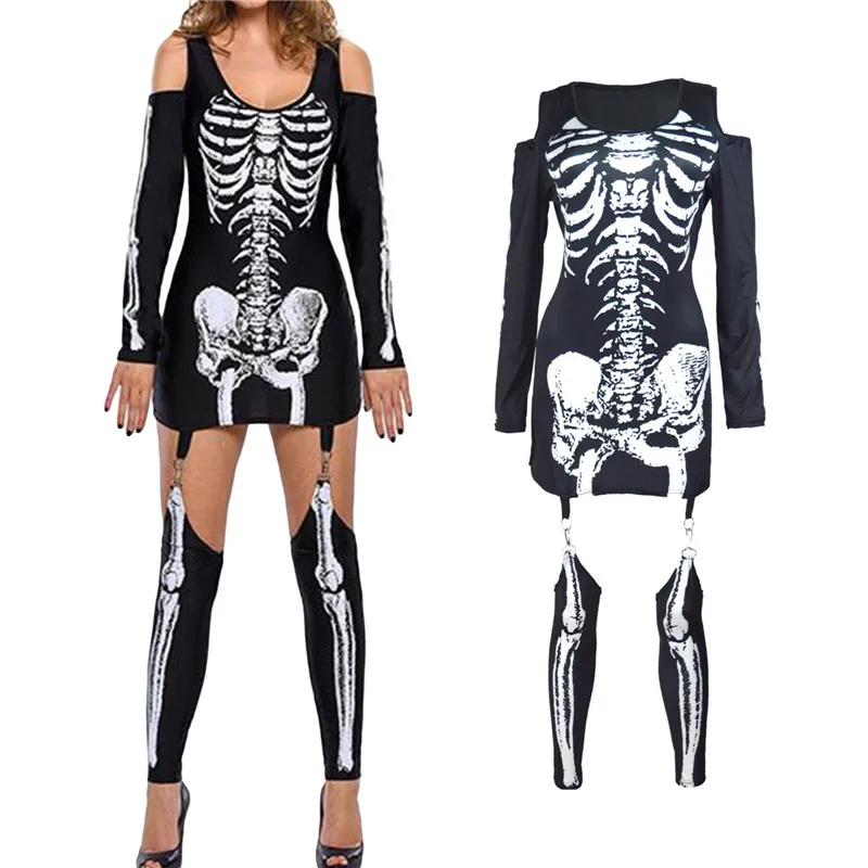 Women Halloween Costume Cold Shoulder Long Sleeve Scoop Neck Skeleton Printed Dress with Stockings Gothic Outfits Party Cosplay