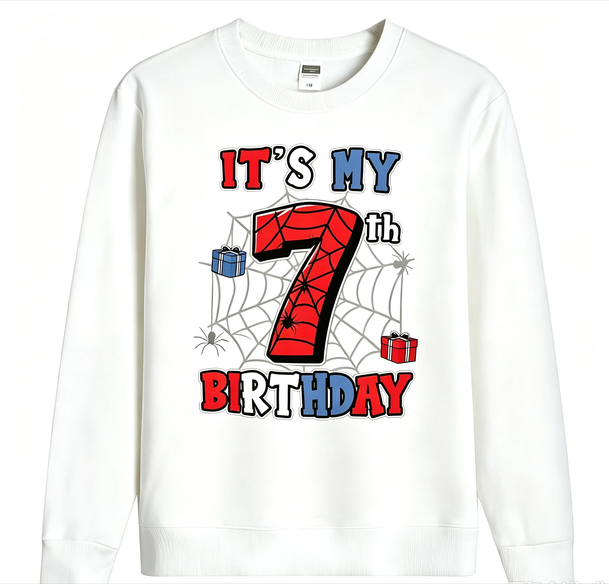 Kids' Birthday Sweatshirt, Ages 3‑12, Crewneck Pullover with Cartoon Spider Web Print, Long Sleeve Birthday Party Gift Top