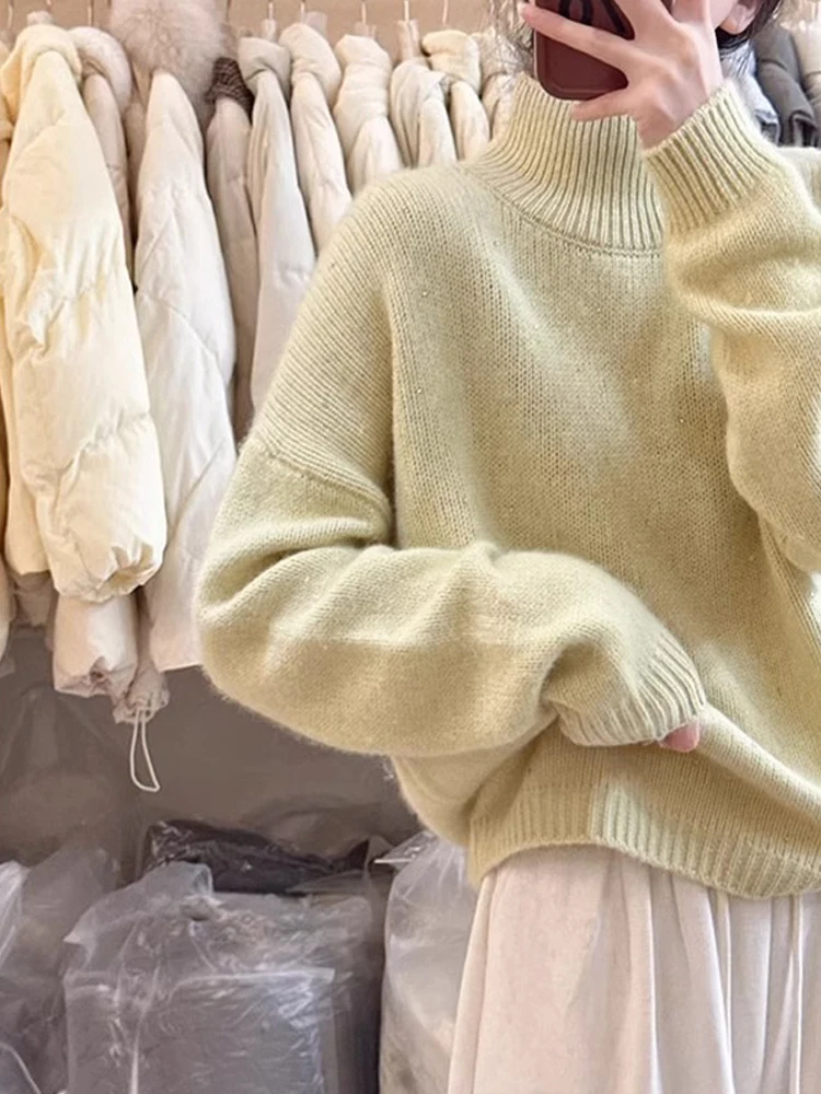 

Ele Red Knitted Sweater Women's Inner Wear Casual Sle High Collar Long Sve Regular Thin Pure Color Winter New Year