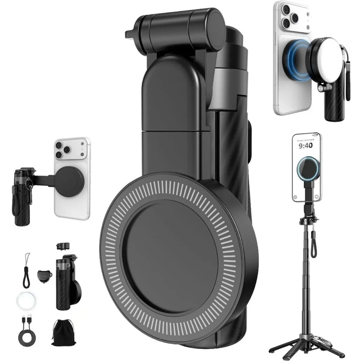 Pocket Dual-Sided Magnetic Selfie Stick Cell Phone Stand Extendable Tripod with Remote Control for Phone Black