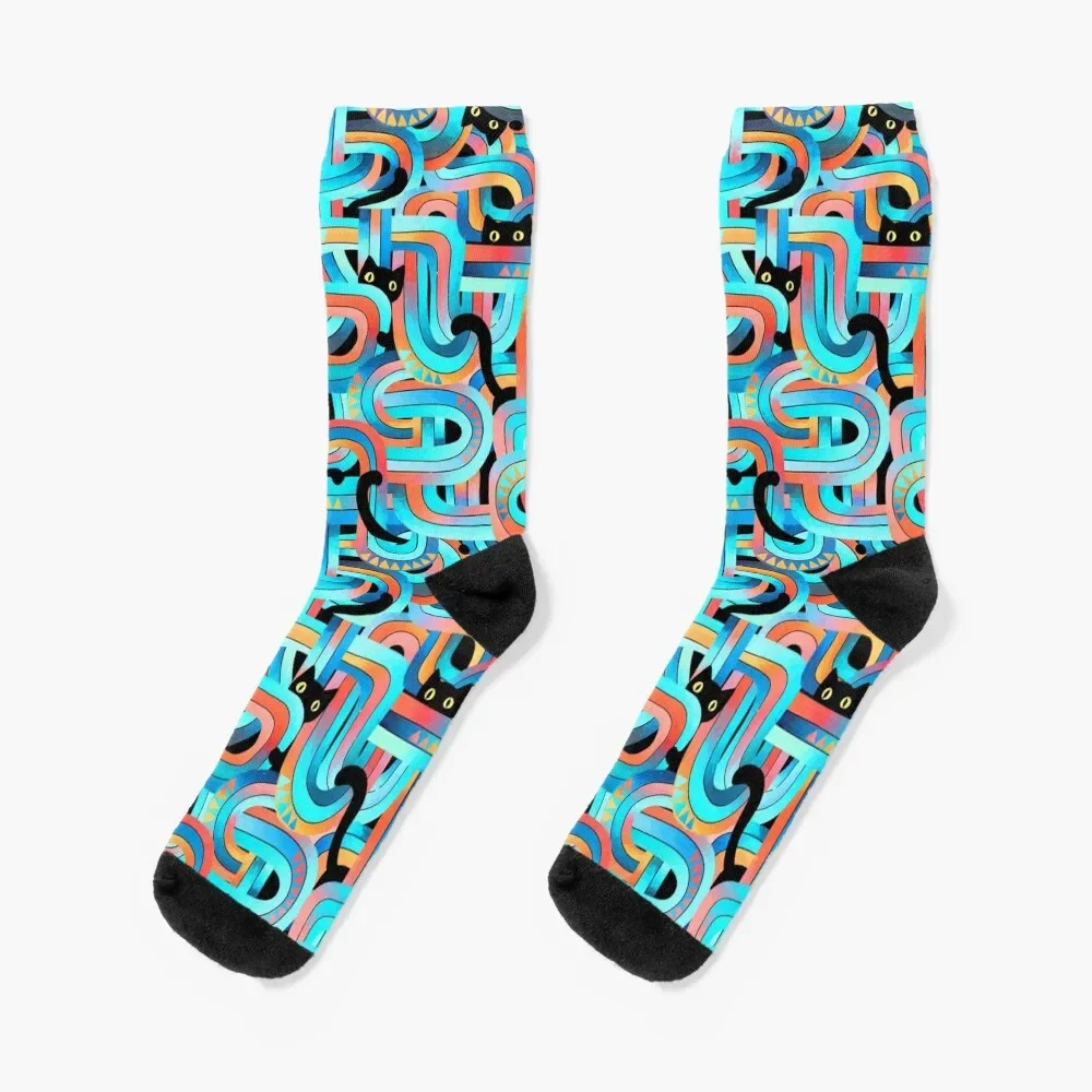 Geo Cats Maze in Tangerine and Turquoise Socks Christmas Novelties short golf Men's Socks Women's