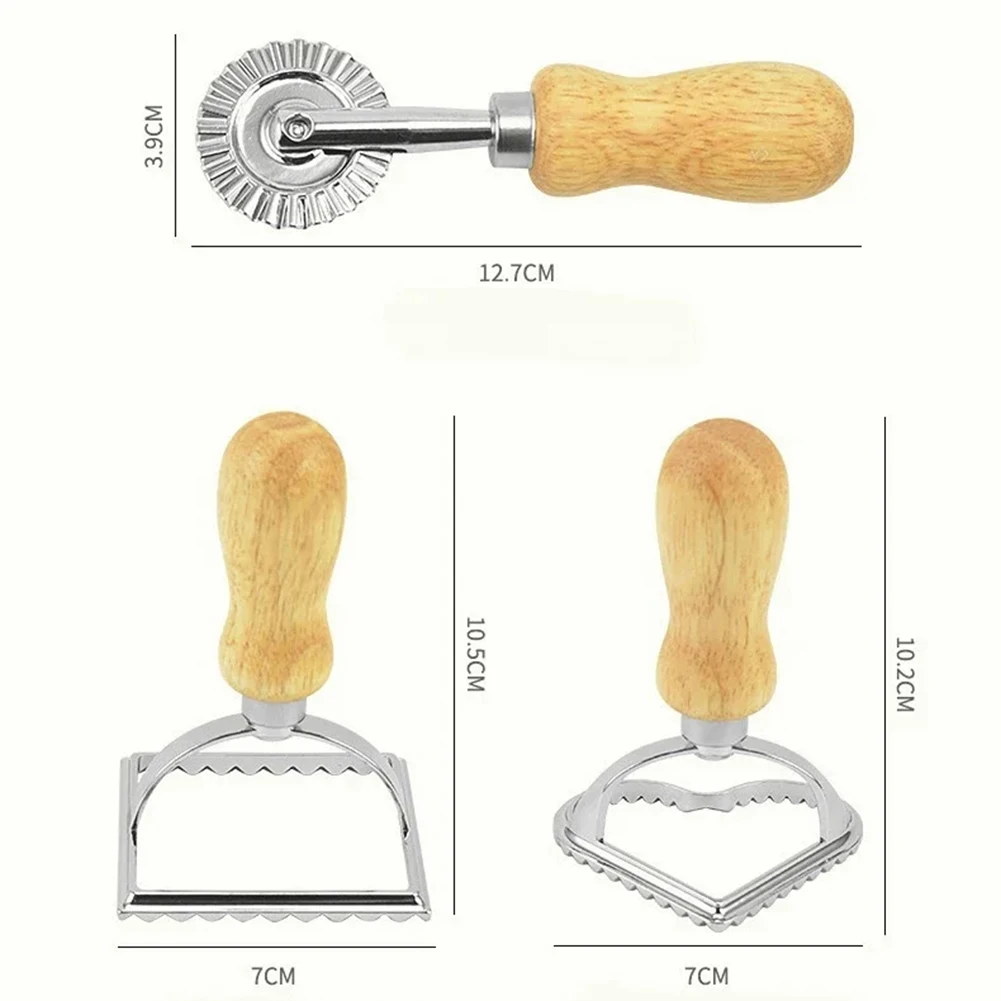 Ravioli Maker Tool with Embossing Feature for Pasta Dough Dumpling Wrappers and Cookie Shaping Stainless Steel Plus Wood