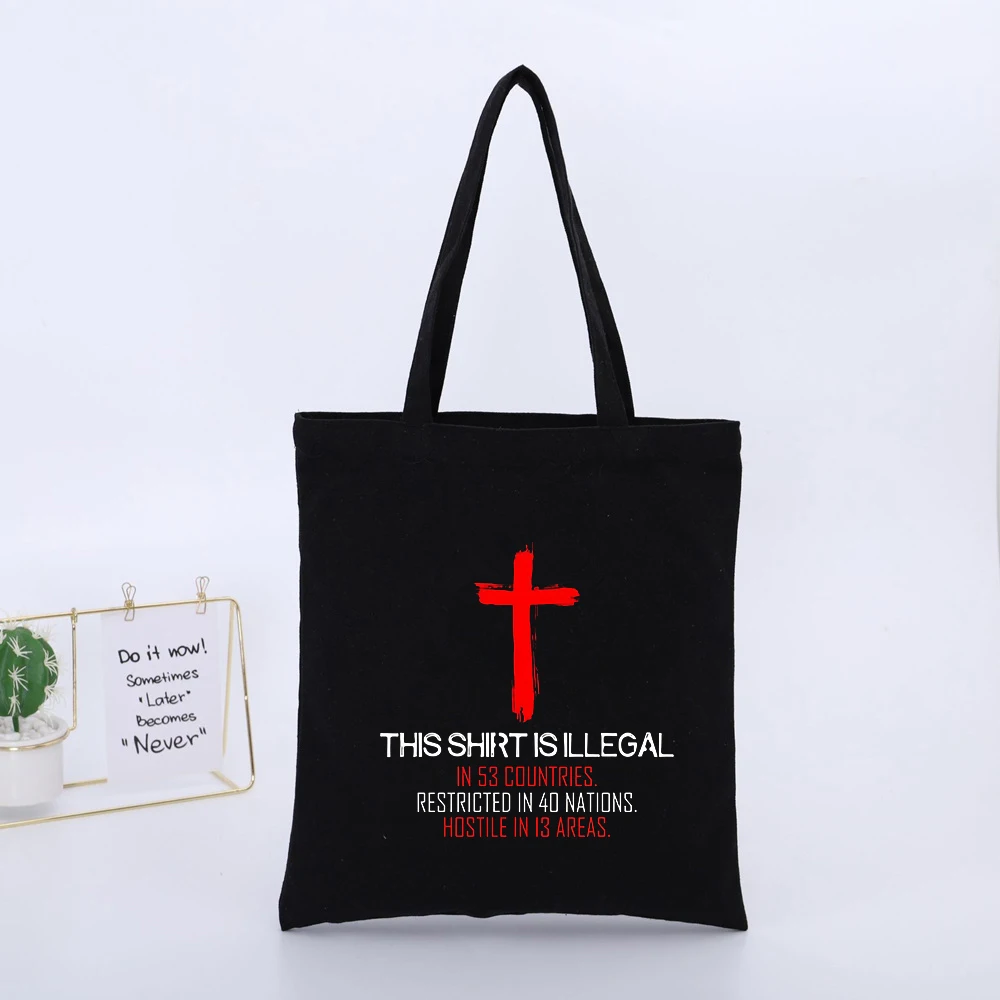 Cross Graphic Black Canvas Tote Bag with Typography Print, Urban Style for Daily Casual Use