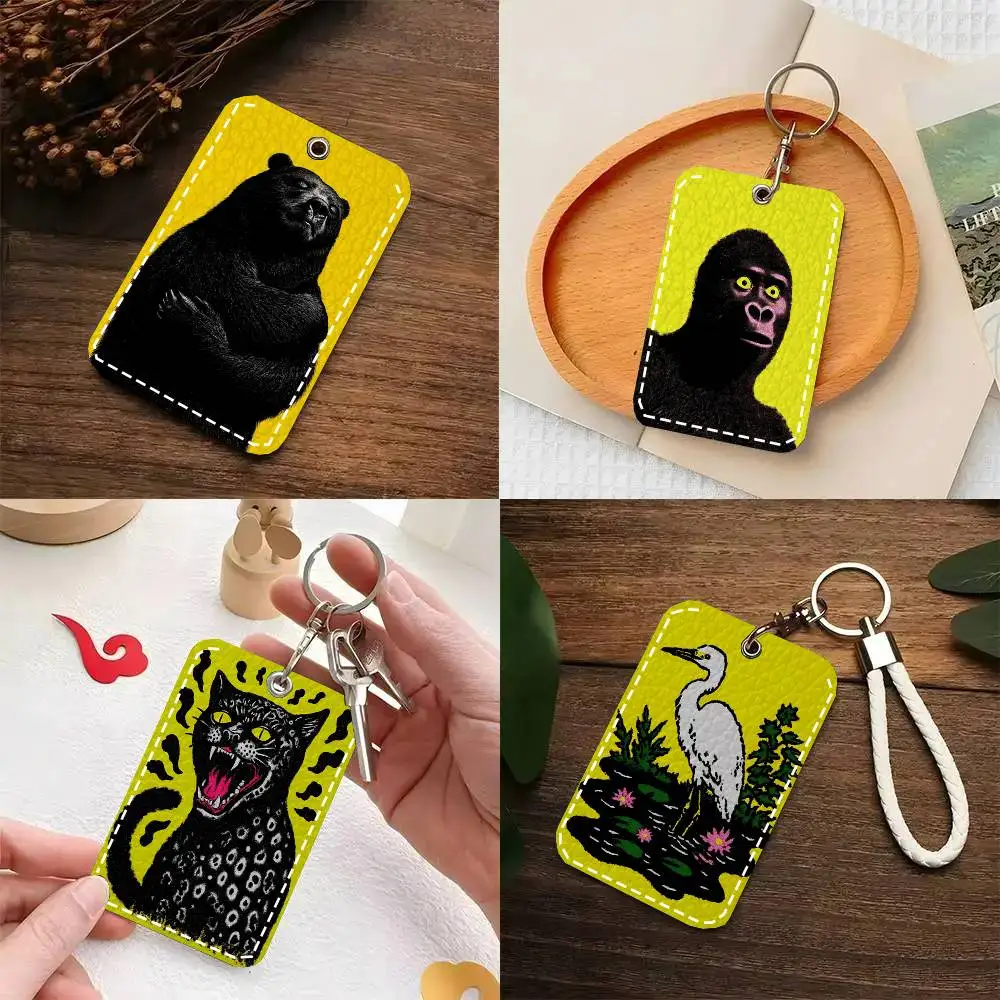 Interesting Animal Yellow Card Wallet With Keychain PU Leather Printed Pattern Card Holder