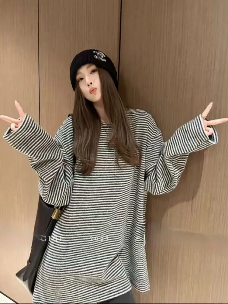 

Женская повседневная полосатая толстовка больших размеров, свободного кроя, с длинными рукавами, осенне-зимняя, модная, средней длины.