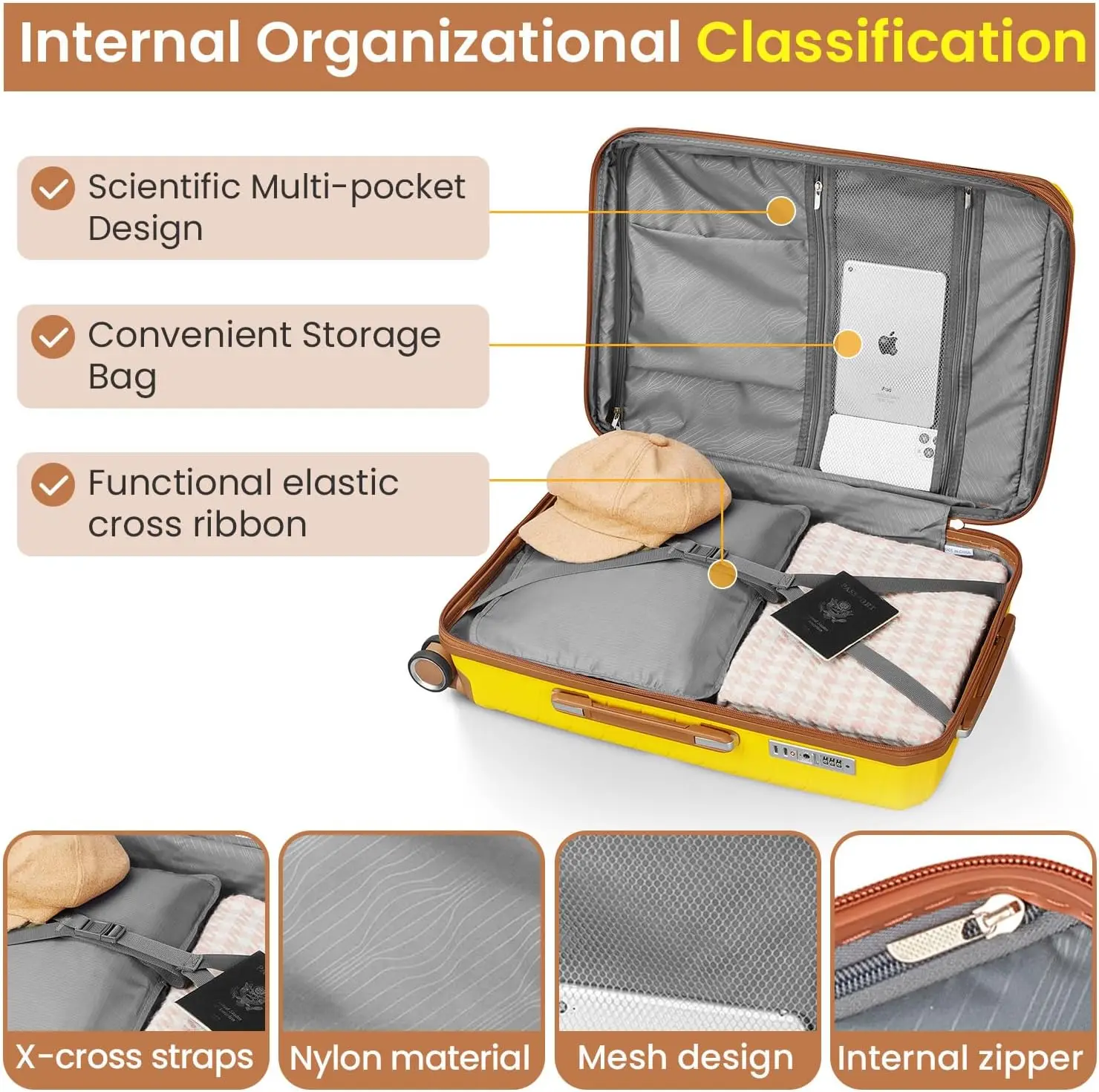 Mala Hardshell Pp Expansível Conjunto com Rodas Spinner, Bagagem de Viagem Leve, Tsa, 4 Pcs