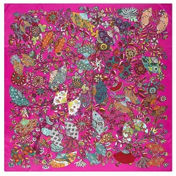 100% Silk Scarf Women Floral 2024 Fan Print Stoles Bandana Female Beach Shawl&Wrap Large Foulard Square Scarves 130*130CM