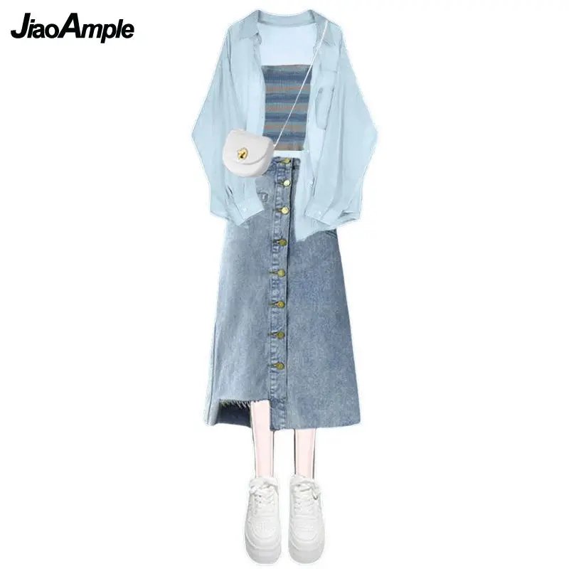 Women\'s Summer New In Matching Set 2024 Korean Elegant Chiffon Sunscreen Shirt+suspender+denim Skirt 3 Piece Female Dress Suit