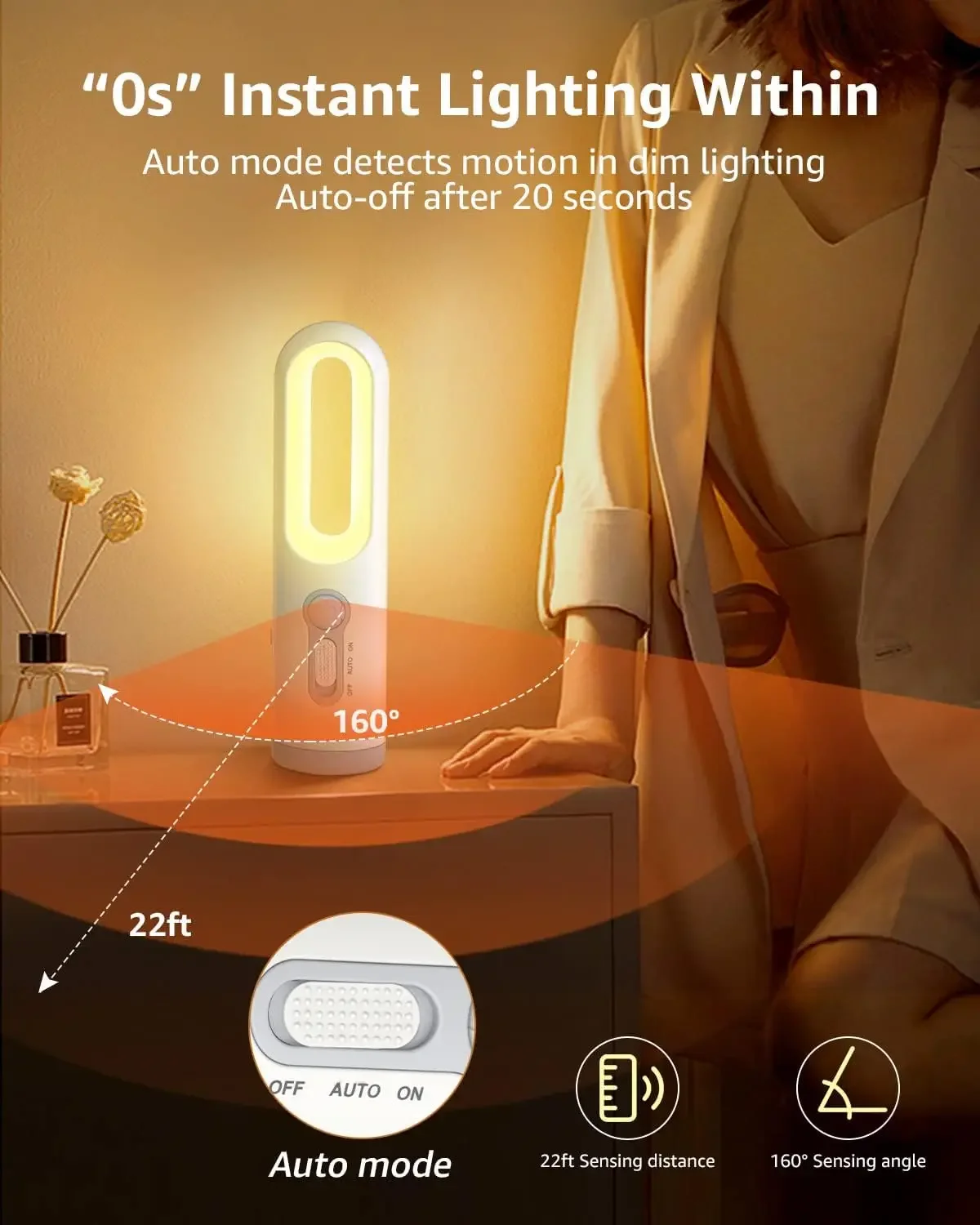 Night Light 2 in 1 Portable Flashlight LED Motion Sensor with Dusk to Dawn Sensor for Bedroom Bathroom Reading Camping Warm image 2