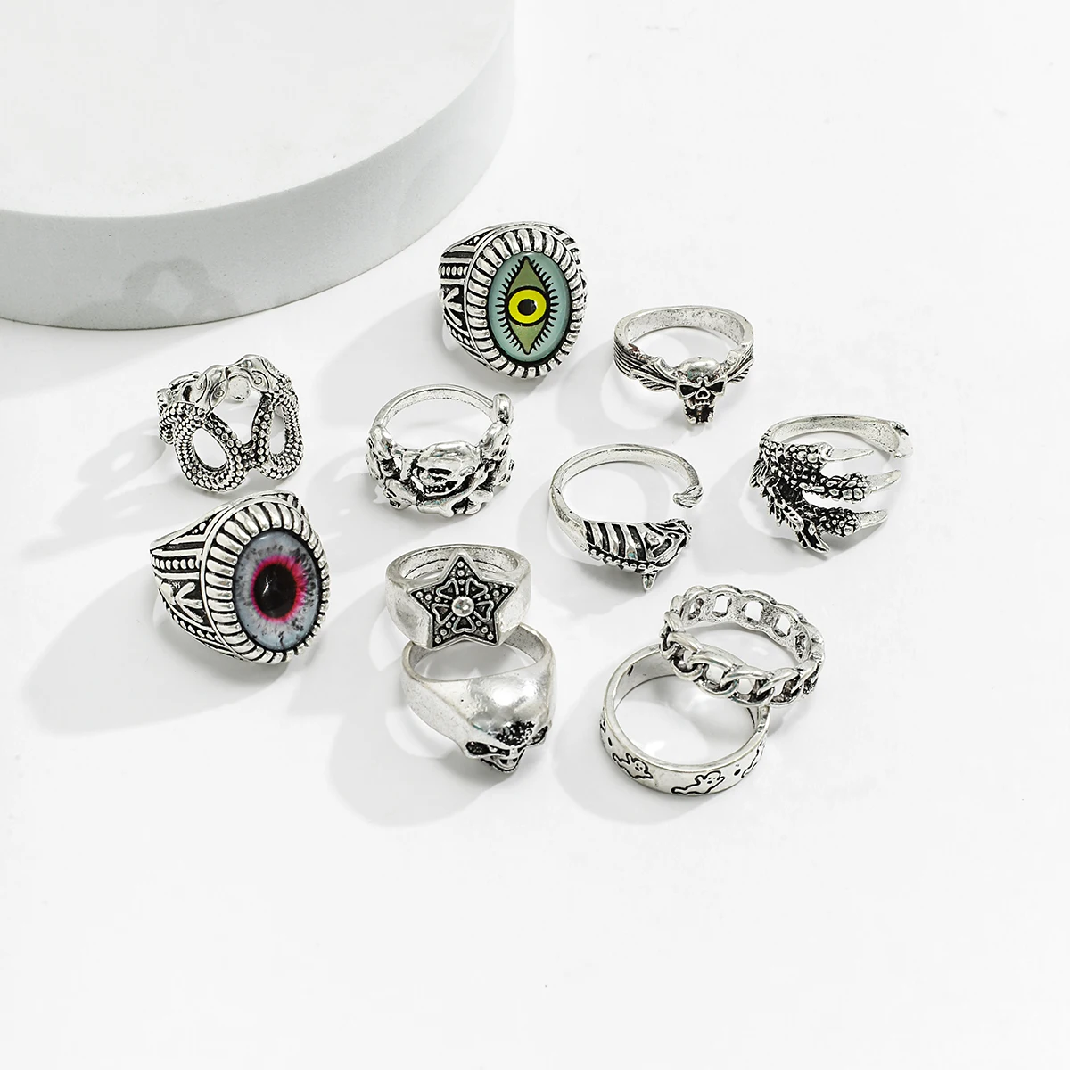 KunJoe Goth 11pcs/set Animal Shape Adjustable Rings For Men Punk Silver Color Geometric Hip Rock Finger Rings Bar Night Club
