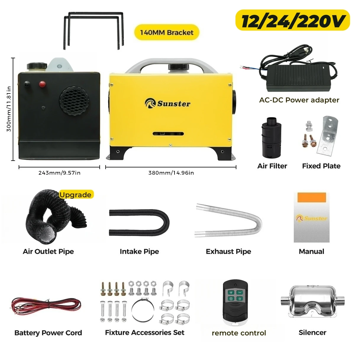 8KW Diesel Luchtverwarmer 12V 24V 220V, LCD-paneel & afstandsbediening All-in-One Auto-parkeer verwarming met stroomadapter voor auto, camper, garage