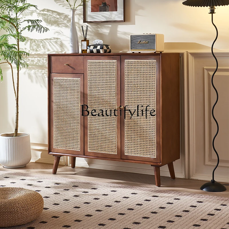 Simple Modern Walnut Color Living Room Wall Storage Hall Retro Solid Wood Entrance Cabinet