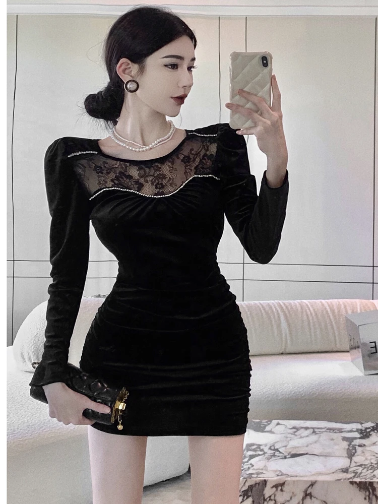 

Весенние сексуальные кружевные бархатные тонкие мини-платья с рюшами в корейском стиле, модное элегантное облегающее платье с бриллиантами, одежда Vestidos