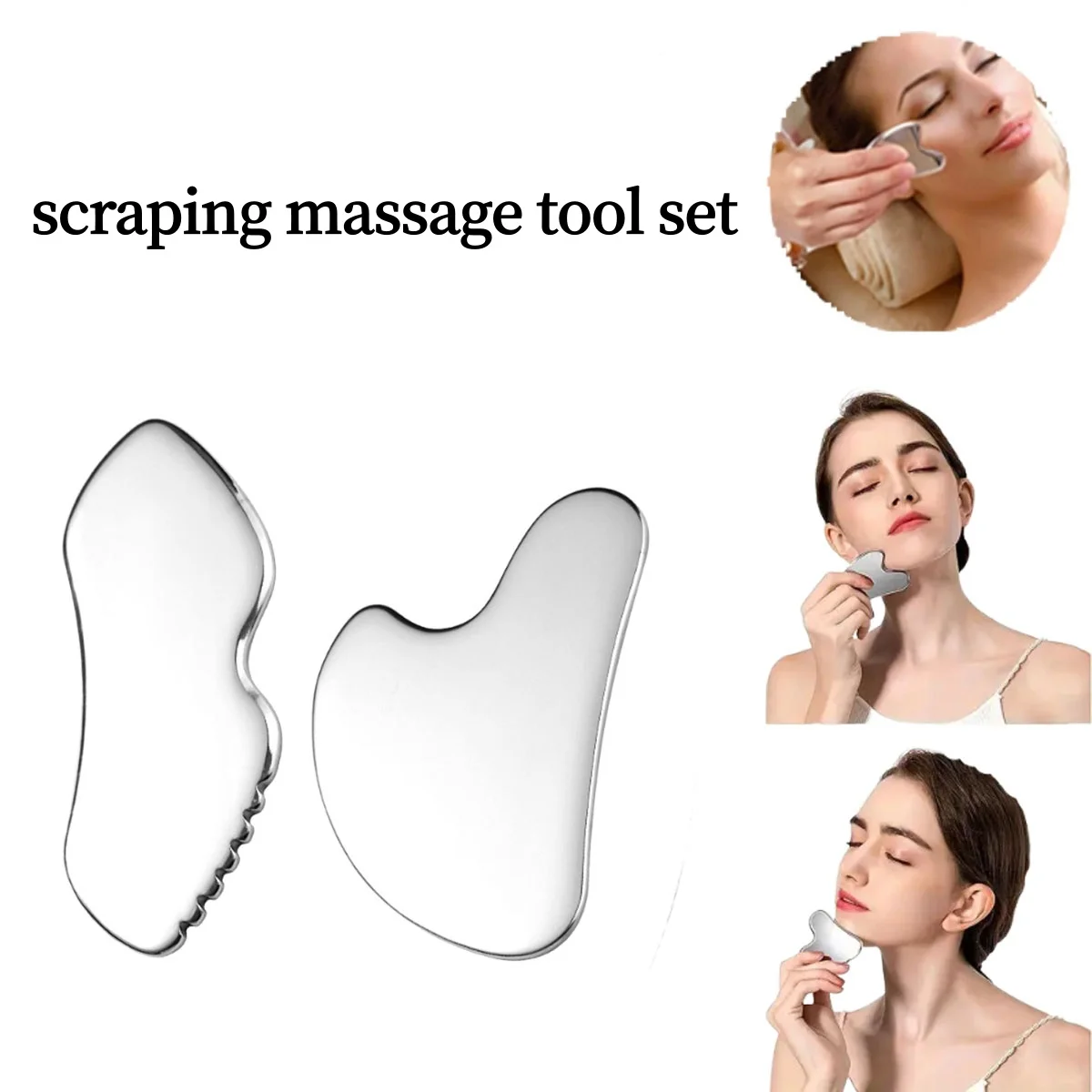 مجموعة أدوات العناية ببشرة الوجه كبيرة الحجم من الفولاذ المقاوم للصدأ على شكل شفة لوح كشط لإزالة تجاعيد الجسم والرقبة والعين ومدلك لشد البشرة
