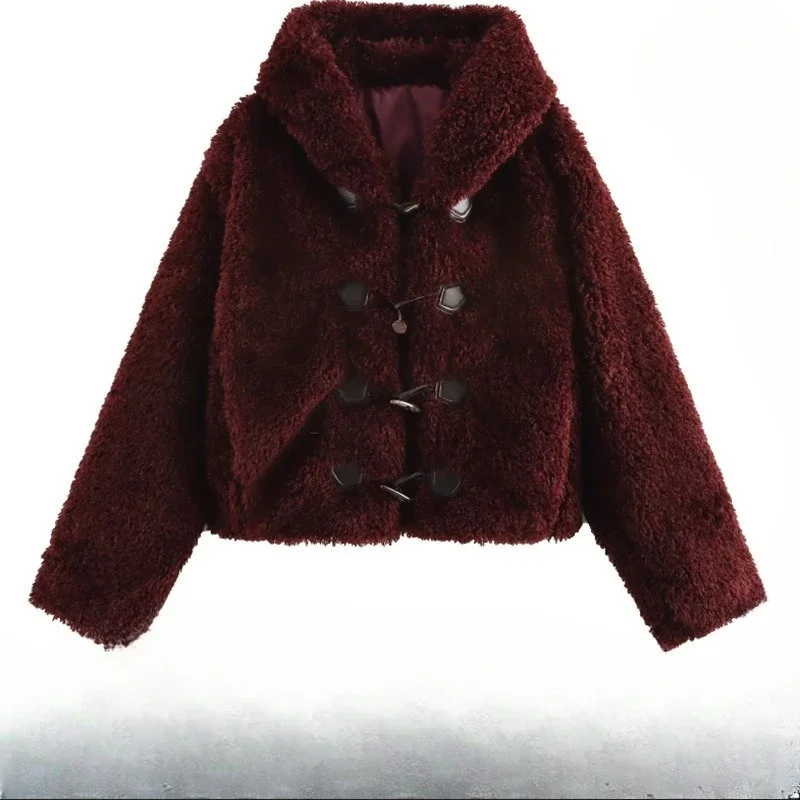 معطف قصير نسائي أوروبي وأمريكي باللون العنابي للشتاء، فرو صناعي سميك، فرو نسائي مريح، لطيف