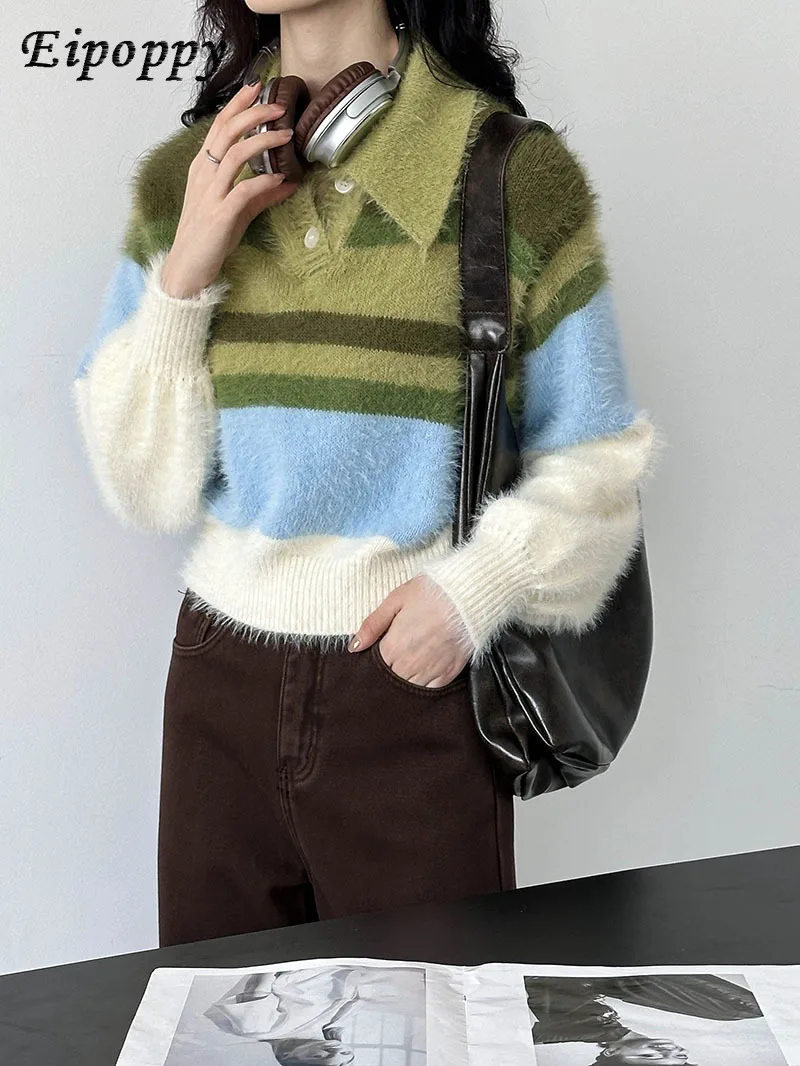 เสื้อถักผู้หญิงหลากสี, เสื้อเบลาส์ดีไซน์ย้อนยุคคอปกเกาหลีใส่สบายฤดูใบไม้ร่วงและฤดูหนาว