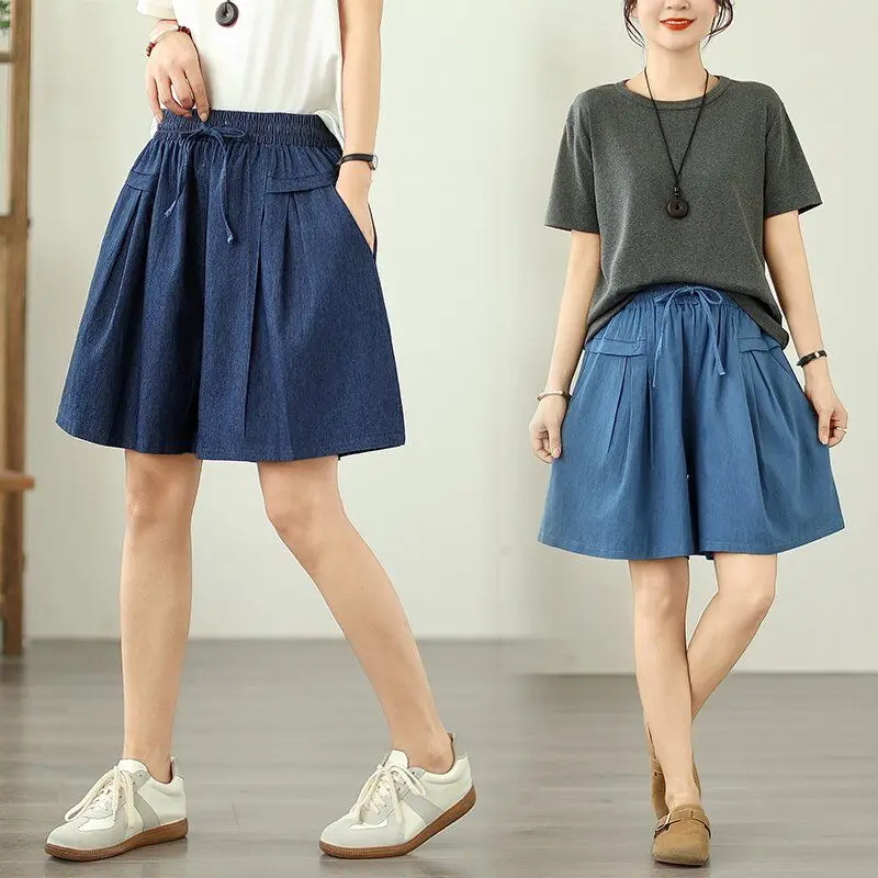 

Solid Denim Shorts for Women Summer Casual Straight Short Pants Korean Style Elastic Waist Wide Leg Trousers Woman Clothing