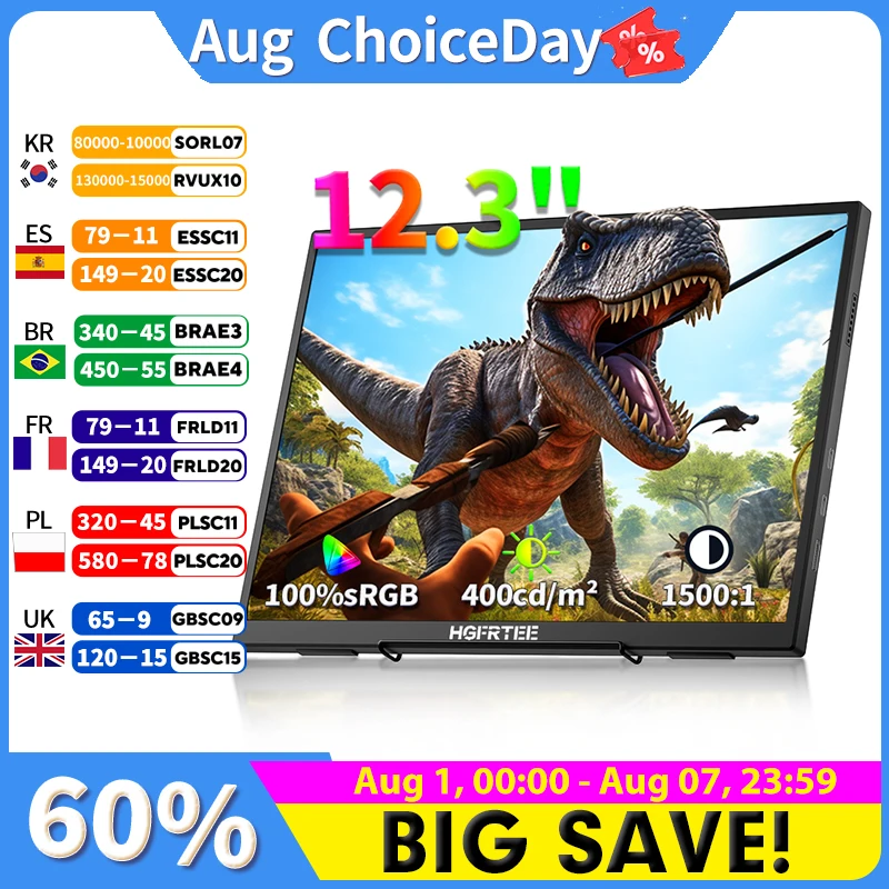 HGFRTEE 12.3inch Portable Monitor 3:2 400Cd/m 100%sRGB Second Screen Gaming Extended Display for Mac Phone PS5 Xbox Switch