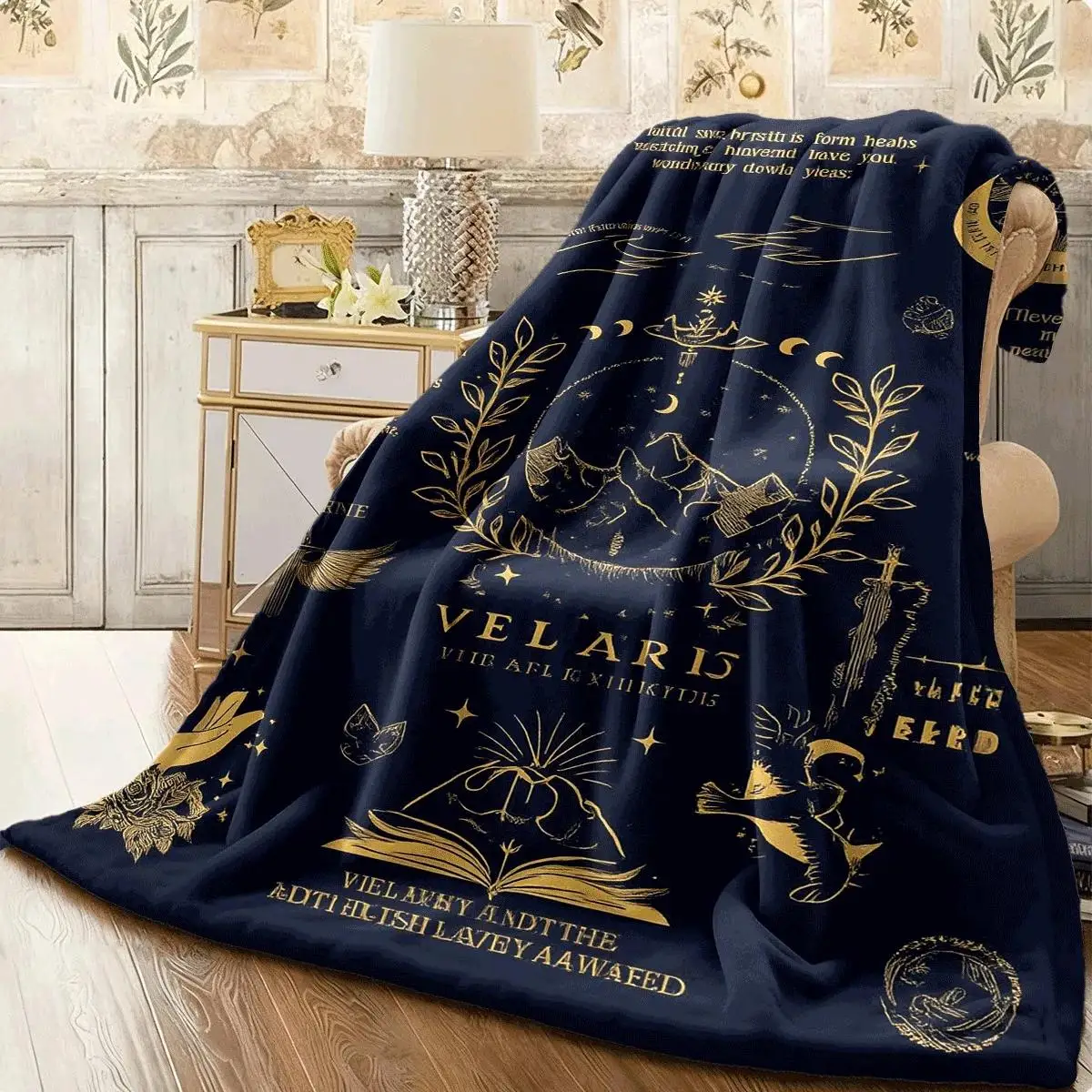 pc Sarah J Maas Inspired Fantasy Quote Throw Blanket Navy Blue  Gold Flannel Couch Cover Soft AllSeason Gift for ACOTAR Fans Cou