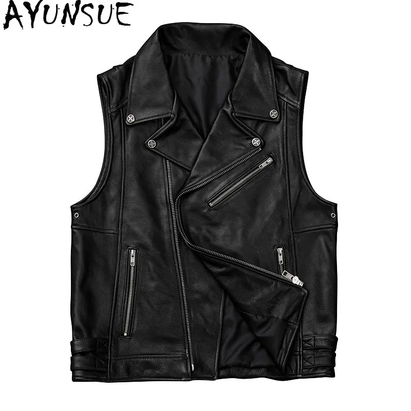 AYUNSUE New Top Layer Cowhide Vest Sleeveless Men's Leather Jacket Short Motorcycle Leather Jackets of Man Waistcoat Zipper 가죽점퍼