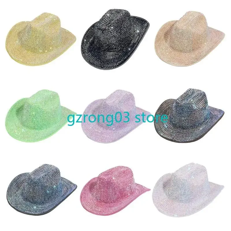 

127C Eye-catching Cowboy Hats Heavy Crystal Panama Hat Surprise Gift for Girl Boys Bride Hat for Carnivals Music Festival