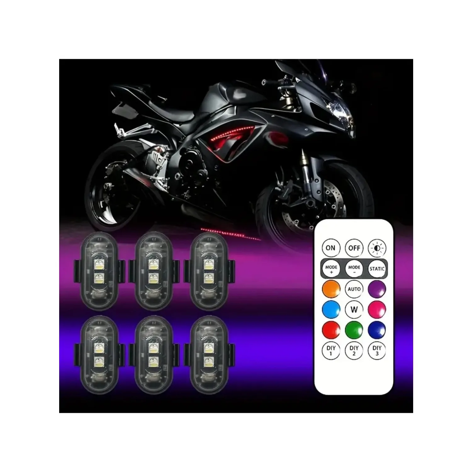 6pcs LED Flashing Lights - 8 Colors Crash Lights with Remote Control, Rechargeable, for Car, Motorcycle, Bike