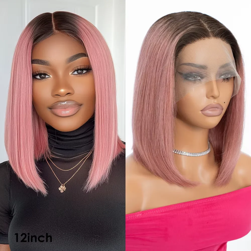 Short Cut Colored Pink Bob T Part Lace Wigs Human Hair Wigs 180D Transparent Ombre Pink Brazilian Straight Lace Front Wigs