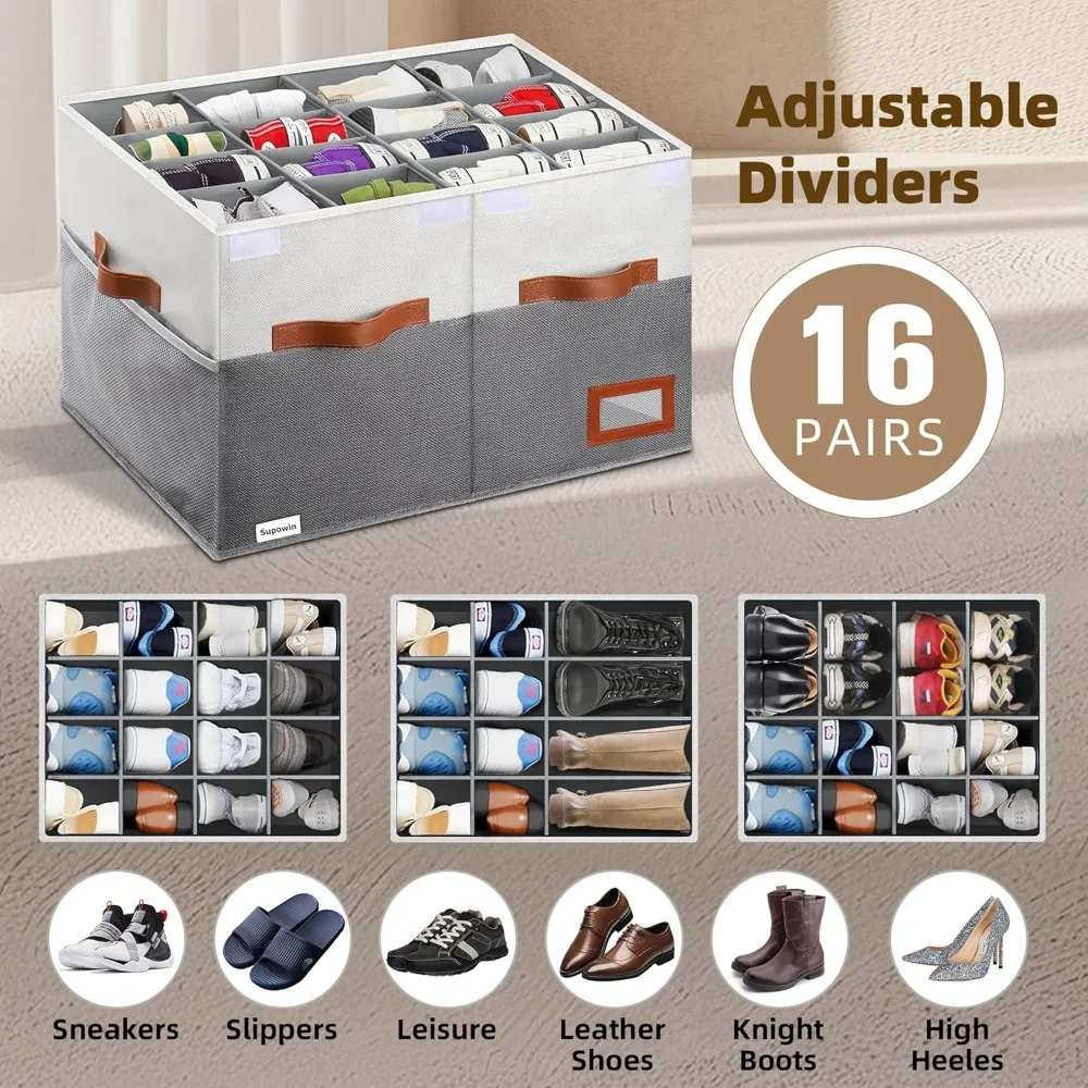 Organizador de zapatos para armario, contenedores de almacenamiento de zapatos plegables con tapa y divisores ajustables, almacenamiento de caja de zapatos de tela
