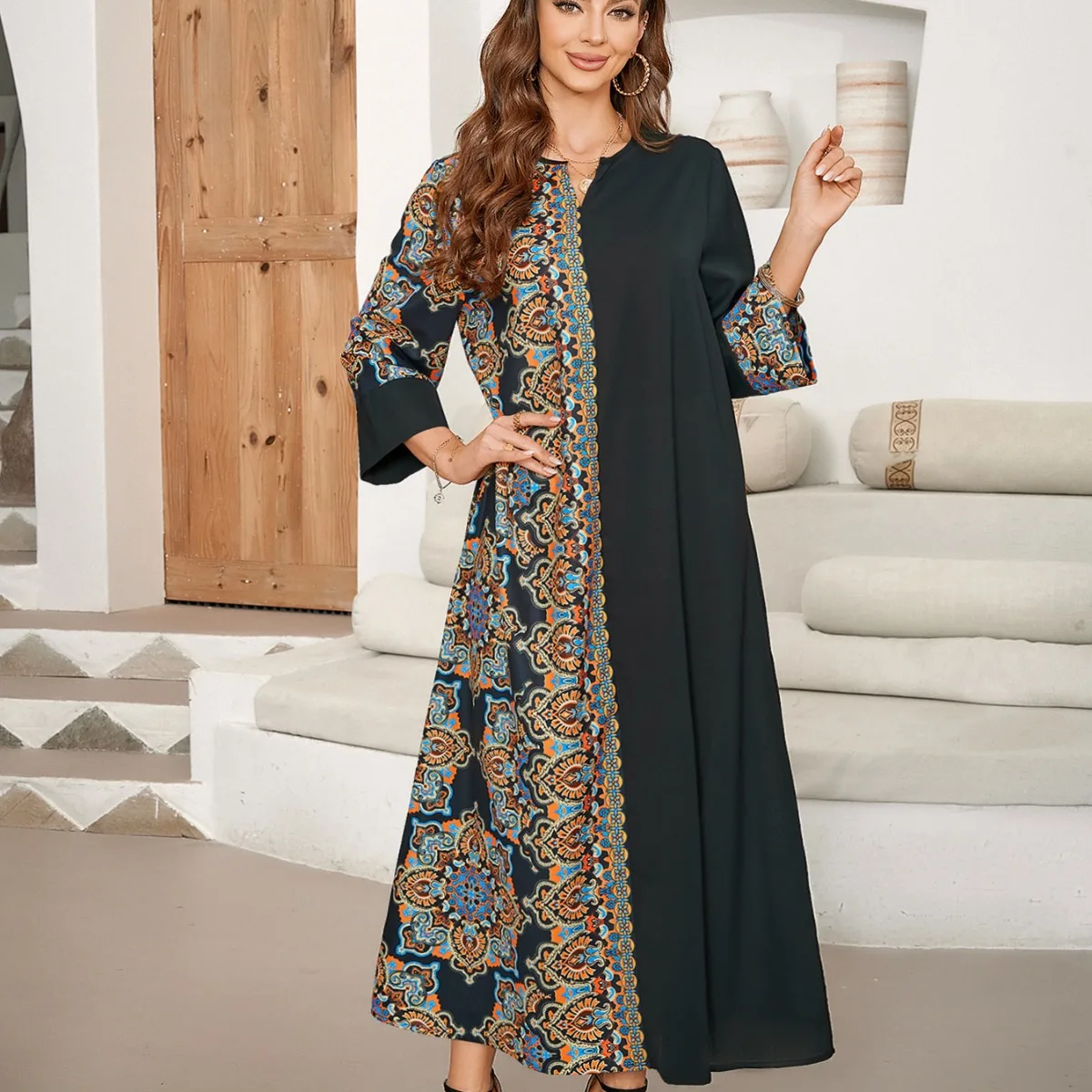 

Мусульманское праздничное платье для женщин, длинное платье Рамадана Абая с принтом, марокканский кафтан, Vestidos Largos, Дубай, Турция, халат Джалабия 2026