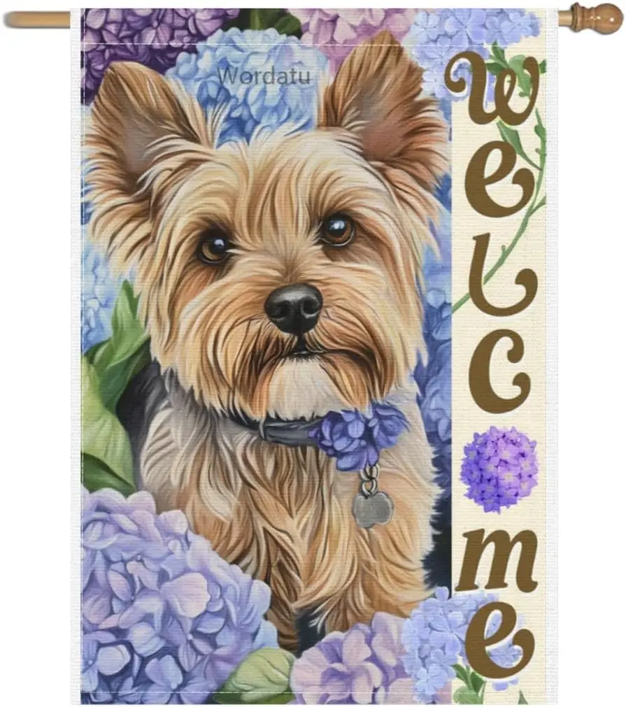 Welcome Dog Decorative Happy Yorkie Hydrangea Flowers Spring Summer Double Sided Garden Flag 28x40 Inch (741) ZZM