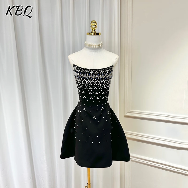 

KBQ Solid Patchwork Diamonds Mini Dresses For Women Strapless Sleeveless High Waist Temperament Dress Female Fashion Style New