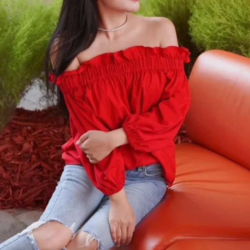 

Red Sweet Off Shoulder Bubble Sleeve Crop Top Casual Solid T-shirt Youthful Fashion Office Lady Trend For Women New In Clothes